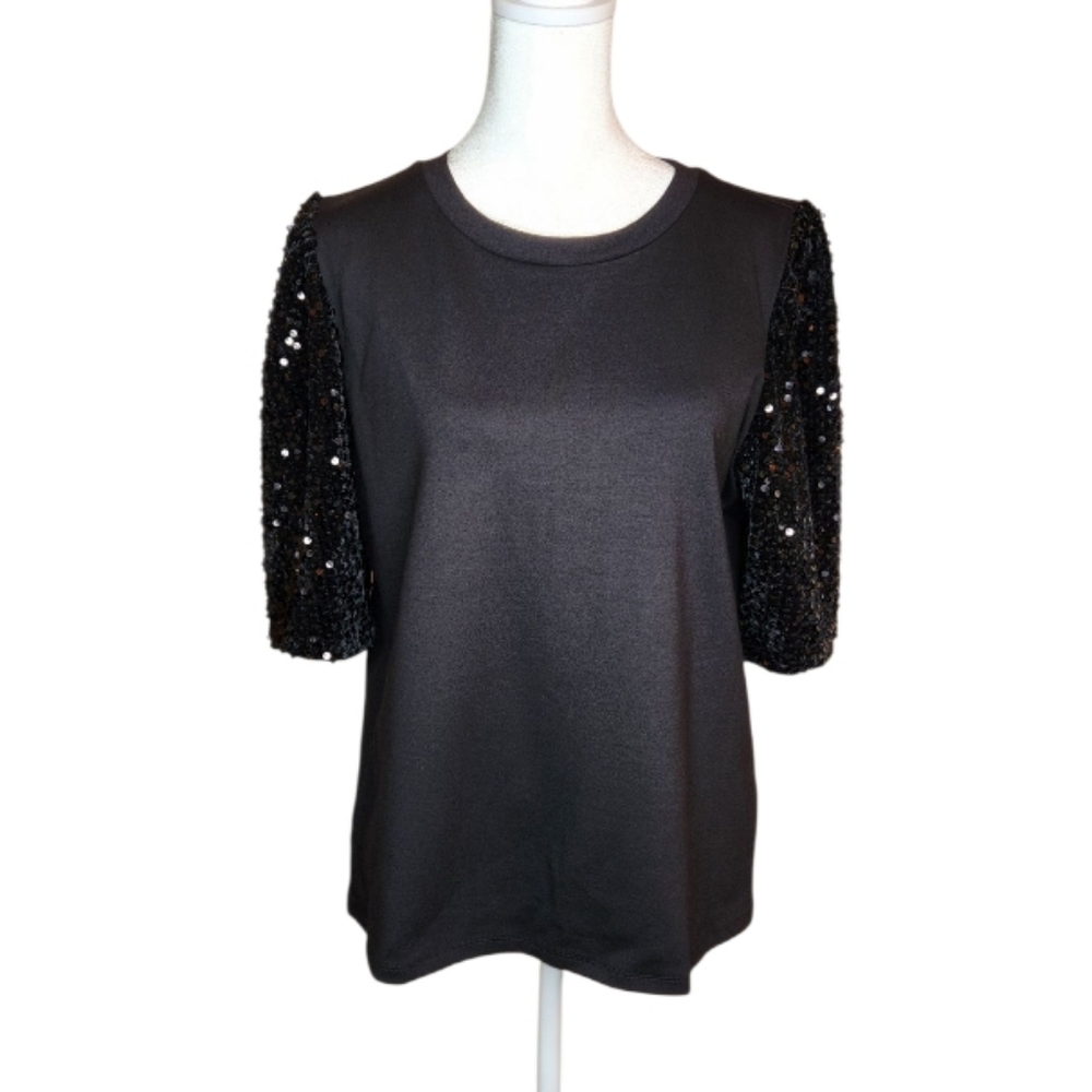 NEW Ann Taylor Black Top with Sequined Sleeves Size LP